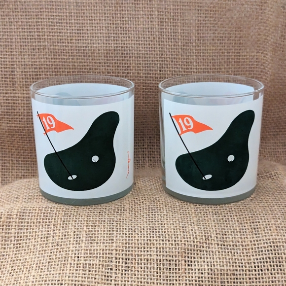 Set of 2 Morgan 19th Hole Golf Old Fashioned Glasses MCM Barware Green White Red - Picture 1 of 5